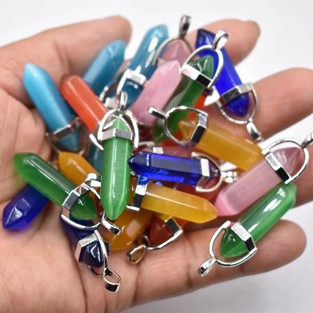 Großhandel 24 Stück/Set Modische, hochwertige Katzenaugen-Stein-Mix-Säulenanhänger, Chakra-Anhänger für die Schmuckherstellung, kostenloser Versand – Detail 1
