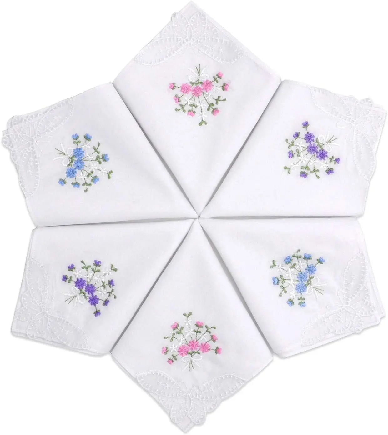 

6 Pcs Embroidered Cotton Handkerchiefs for Women - Floral Lace Hankies Set
