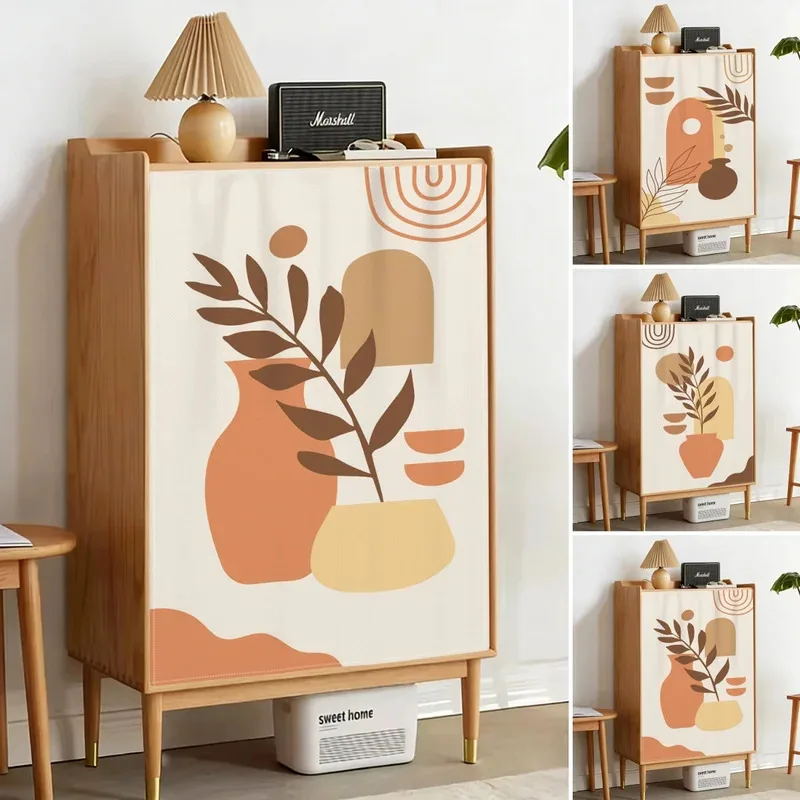 Morandi Geometric Botanical Painted Cabinet Curtain Dust Cover Boho Drape for Shelf Decor Curtain Panel No-Drill Velcro Curtain