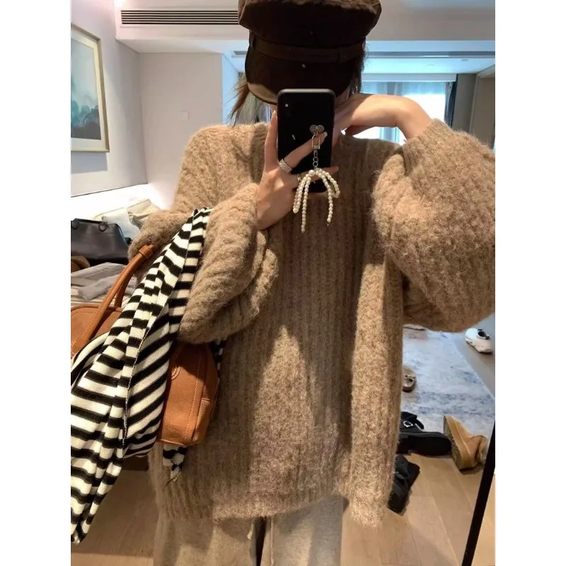 

Имитация длинной альпаки, новый осенне-зимний свитер в ленивом стиле для женщин, свободный вязаный топ с рукавами-фонариками