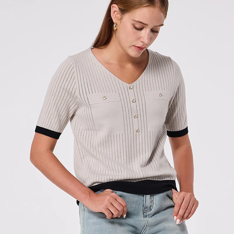 

Short Sleeve Women t-Shirt V-Neck Casual Tops Elegant t-Shirts for Women Hollow Out Knitted Top Button Thin Knit Tee Ladies 2024