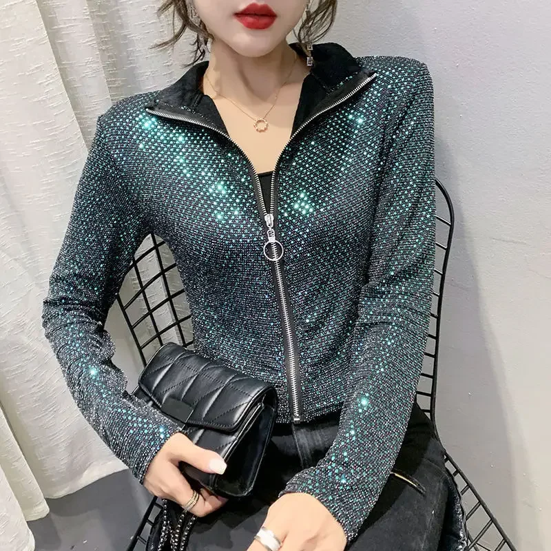 

Autumn Jacket Women New Glitter Sequined Short Jacket Female Fashion Long Sleeve Design Sense Sexy Bottoming Shirt