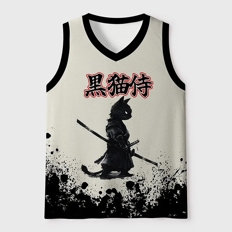 2026 Ink Wash Style Black Cat Warrior Children's Adult Splash Print Breathable Casual T-shirt Parent-child Gift Basketball Vest