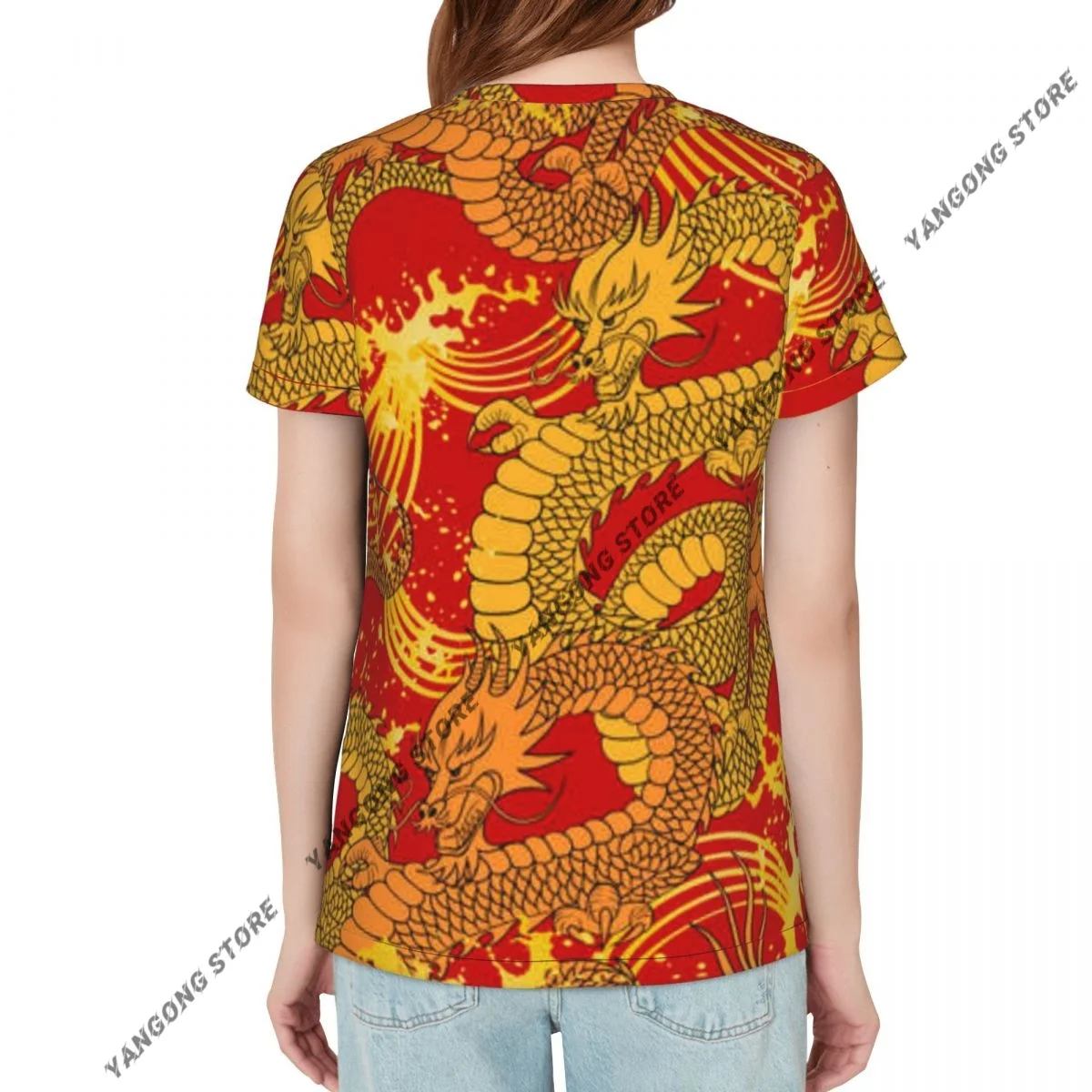 Womens Short Sleeve Dragon And Golden Waves Casual Tee Clothing Crewneck Woman T-Shirts