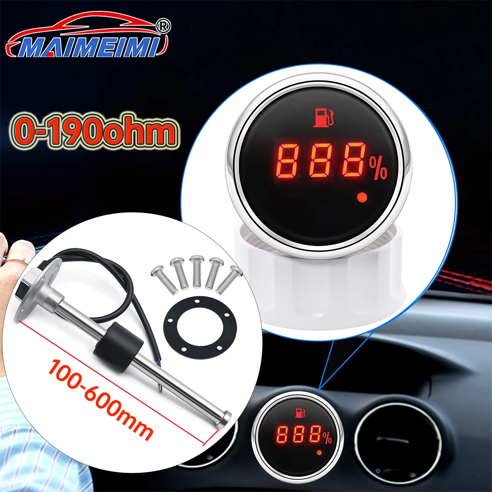 

0-190ohm Multi-Function Digital Gauge Car Boat Fuel Tank Level Gauge Red Backlight with 100-550mm Sensor with Warning Light
