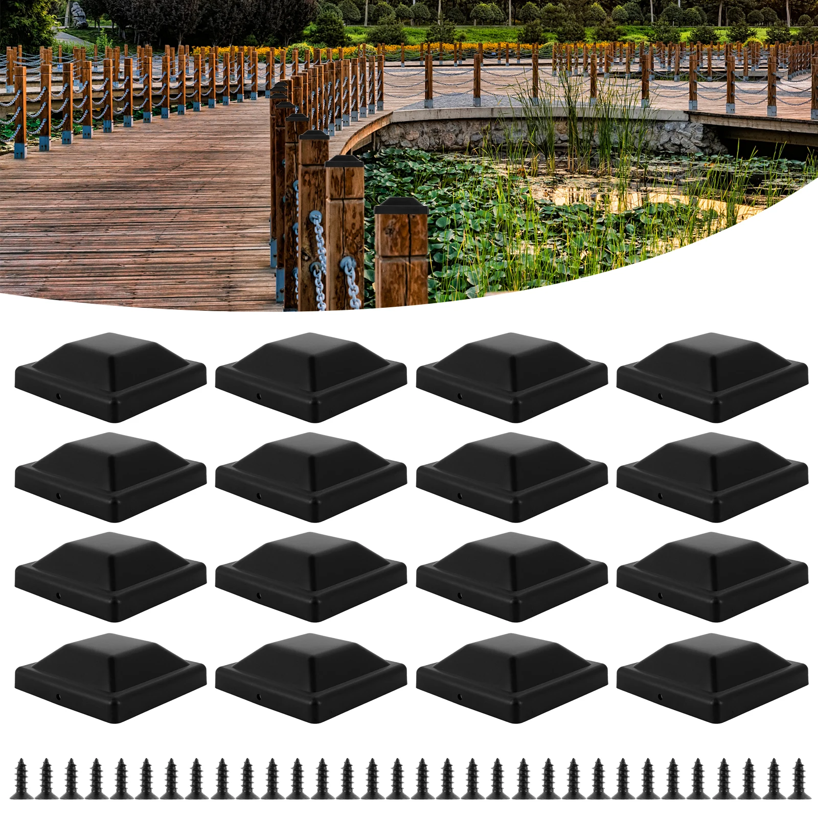 16Pcs Fence Post Caps 3-5/8 inches Black Deck Post Caps Waterproof Outdoor Post Cover Reusable Plastic Fence Poles Caps