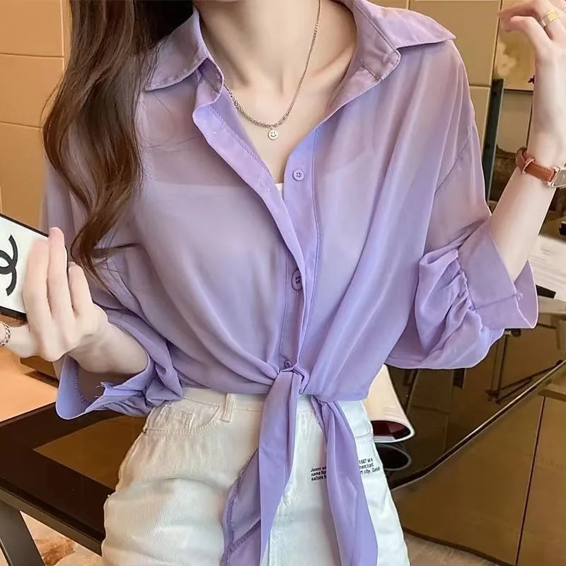 

618 Women Clothes Casual Fashion Simplicity Trend Solid Color Turn-down Collar half Sleeve Women Shirts Shawl Single piece top
