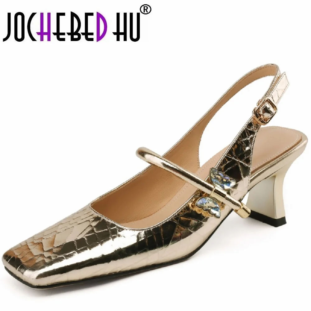 【JOCHEBED HU】Women Brand High Heel Sandals Genuine Leather Square Toe Buckles Party Wedding Shoes Woman Elegant Pumps Size 33-43