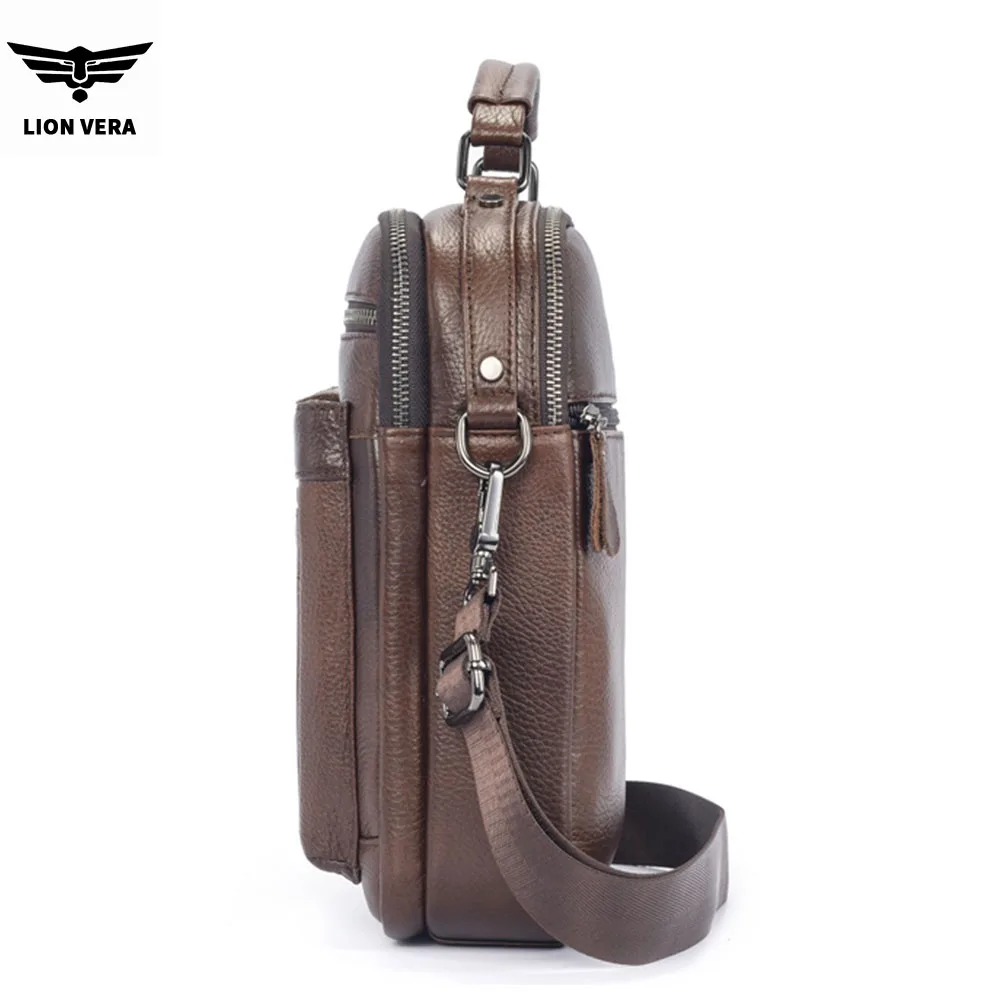 LION VERA Men's Shoulder Bag Casual Mobile Phone Zipper Bag Large Capacity Business Genuine Leather Travel Crossbody Bag view 5