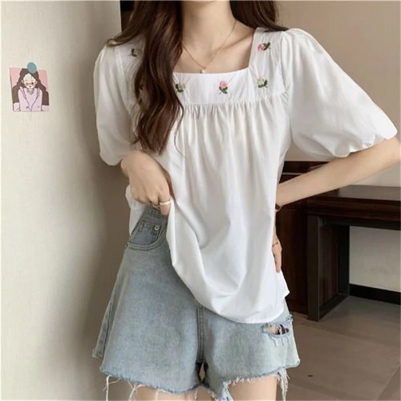 Women Stylish Vintage Embroidery Sweet Kawaii Blouses Square Collar Chic Short Sleeve Shirts Female Solid Loose Tops 2024 Summer