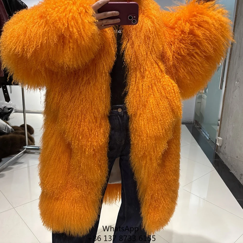 

2025 Big Collar Sheep Fur Coat Winter Real Fluffy Long Fur Coats Woman Orange Fur Coat