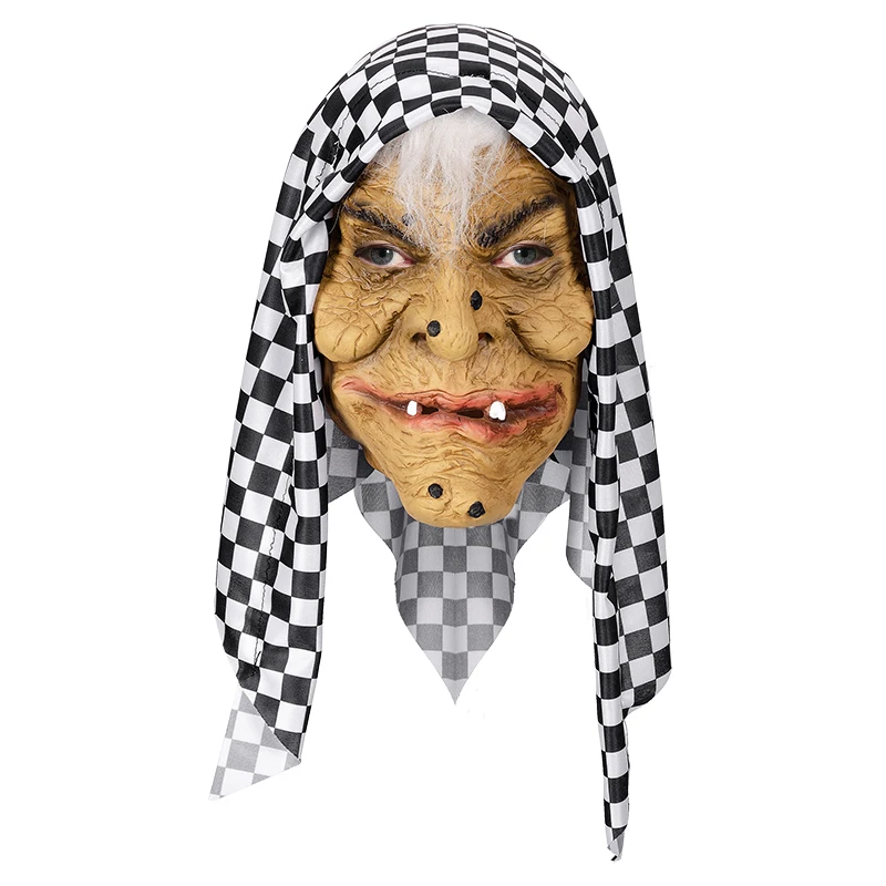 Scary Witch Latex Mask with Checkered Headscarf, Ugly Old Hag Monster Headgear for Halloween Cosplay