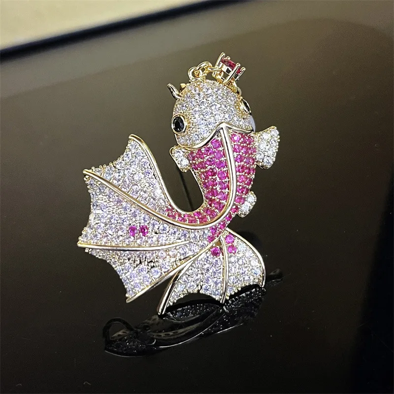 OKILY Shiny Zircon Cute Goldfish Brooch with Real Pearls for Women's Clothing Pin Elegant Natural Freshwater Pearl Animal Broch