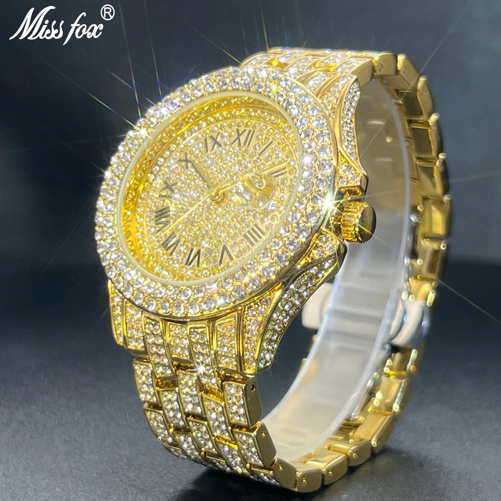 Full Iced Out Watch For Men Luxury Gold Hip Hop Diamond Quartz Mens Watches Waterproof Day Date Clock Hot Selling Product 2024