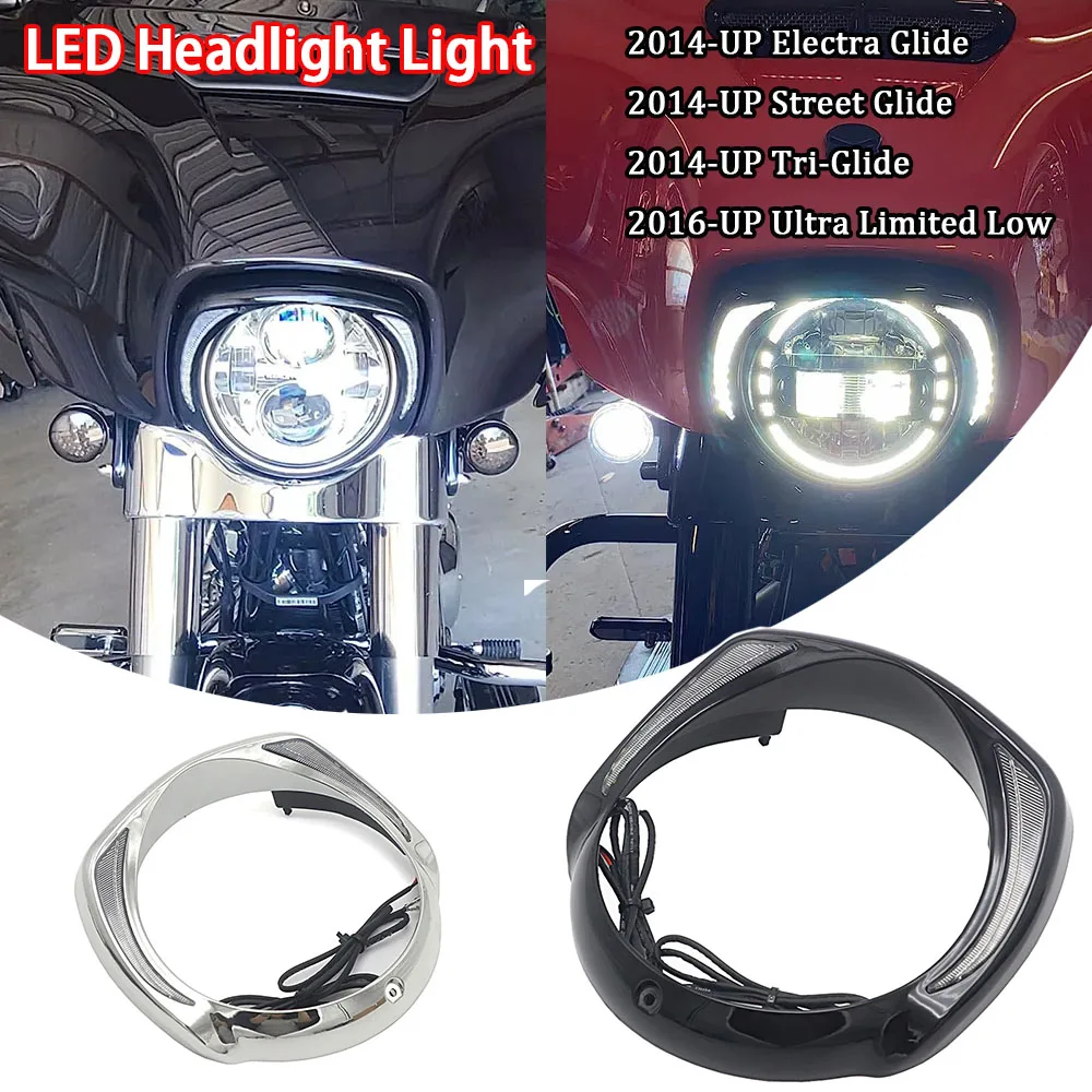 

Motorcycle Accessory With Amber Turn Signal LED Headlight Bezel Visor Trim Ring For Harley Touring Tri Road Street Electra Glide
