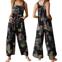 Combhasaki Women's S-3XL Cotton and Linen Jumpsuit Leaf Floral Print Square Neck Sleeveless Casual Loose Overalls with Pockets - Image 2