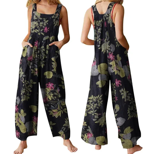 Imagen 2 del producto Combhasaki-Mono de lino y algodón para mujer, peto de S-3XL con estampado Floral de hojas, cuello cuadrado, sin mangas, holgado, informal, con bolsillos