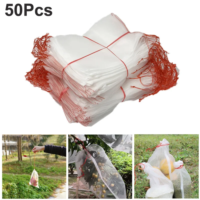 50 Uds. Bolsas de red para jardín, bolsas con cubierta de frutas para uva, higo, flor, semillas, protección vegetal contra insectos, mosquitos, herramienta de jardín