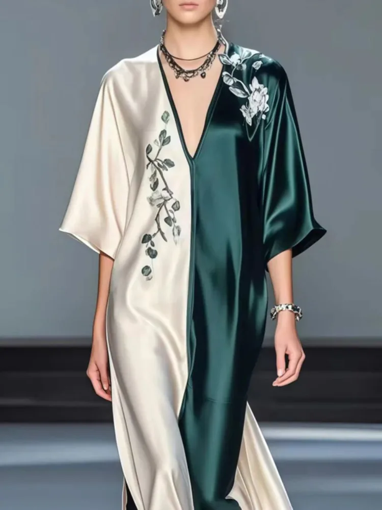 Yeezzi Women's Vintage Elegant Floral Printed Contrast Color Evening Maxi Dresses Half Sleeves Loose V-Neck Banquet Dress Robe