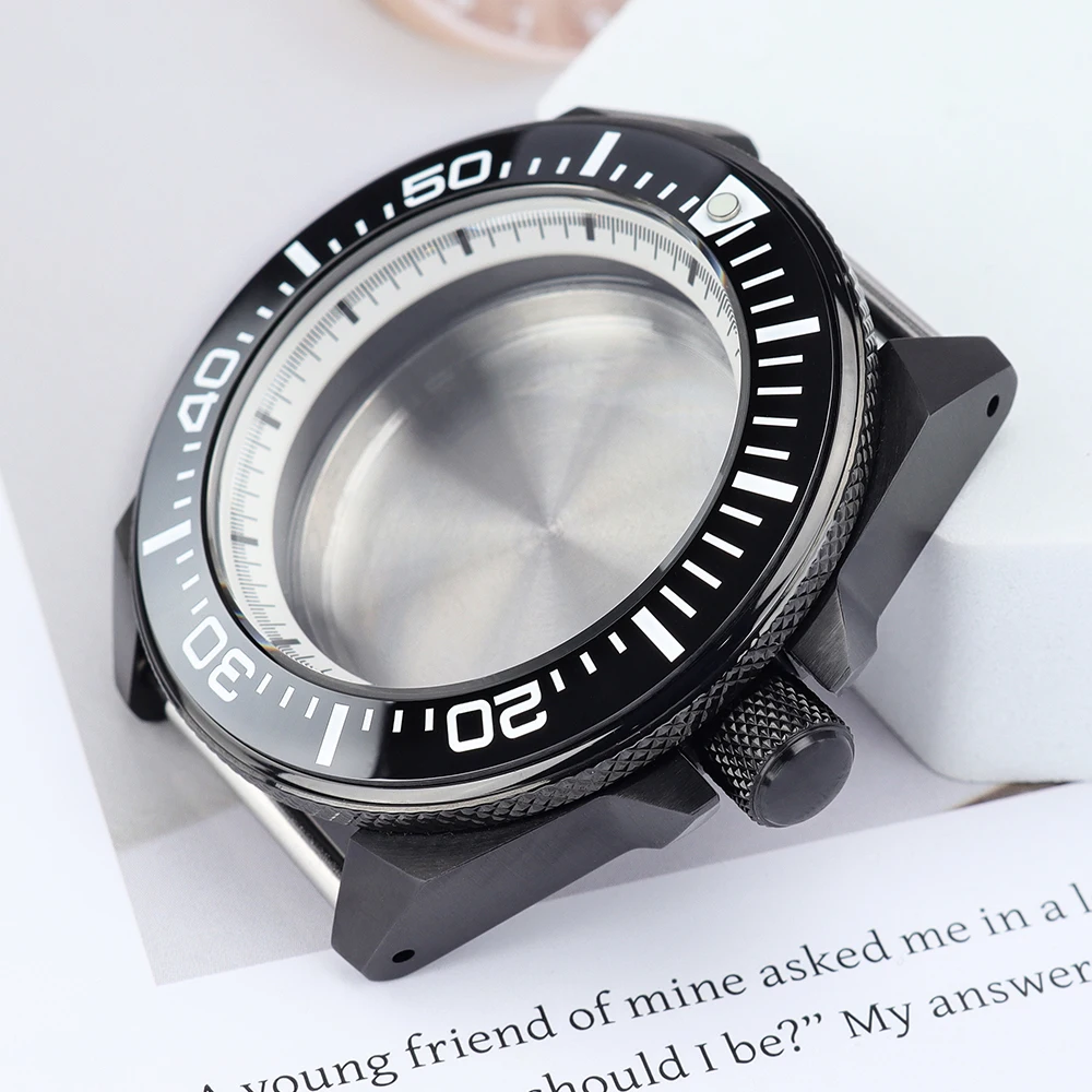 Black Watch Case 43.8mm Accessories Sapphire Glass For Modified King Samurai NH35 NH36/34 Movt 20ATM Men Watch Case Repair Parts