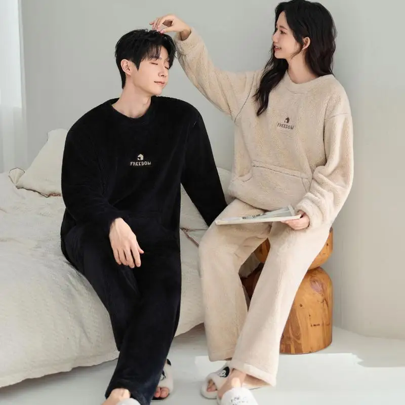 Autumn Winter Couple Pajamas Set Thicken Coral Fleece Oversize Homewear Men Women Warm 2 Pcs Shirt&pants Sleepwear Loungewear