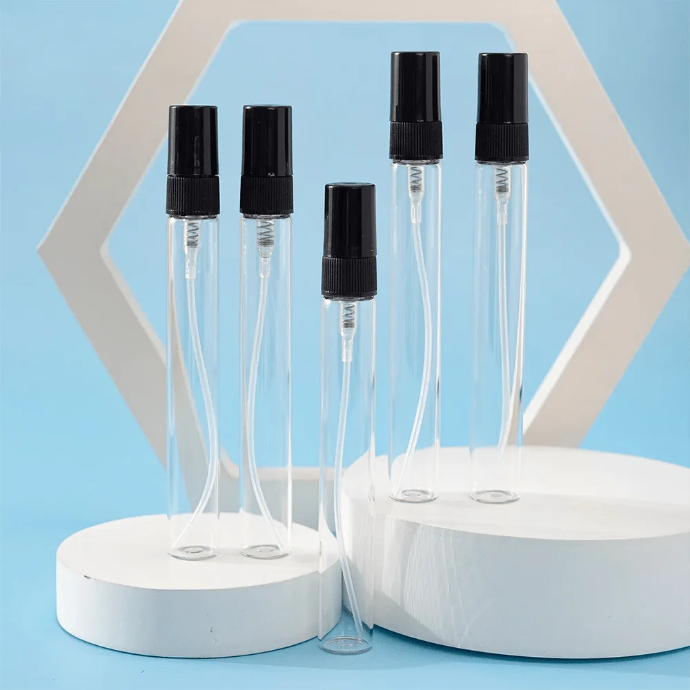 20 Stück 5ml/10ml Mini-Glasparfümflaschen mit schwarzem Verschluss und 4 Zubehörteilen (2 Trichter und 2 Pipetten) - PVC-frei, nachfüllbar – Detail 2