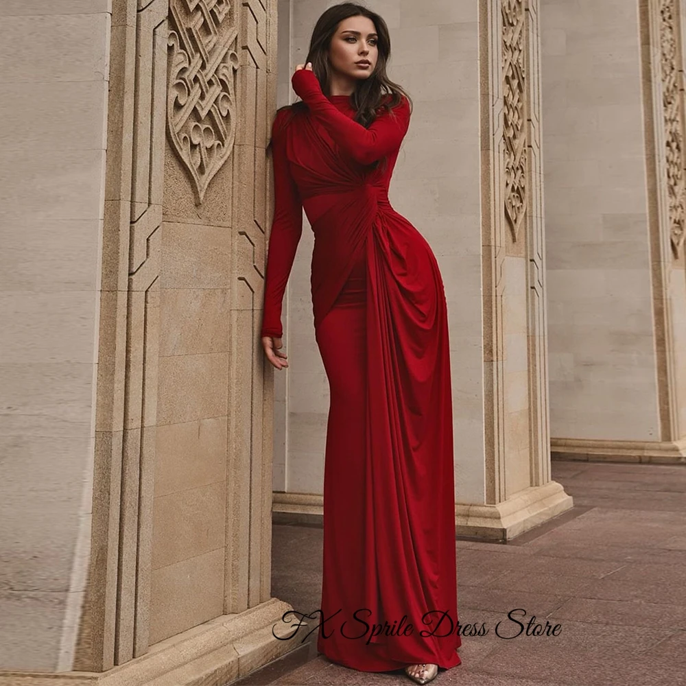Customized  Formal and Classic Mermaid Long Sleeves O-Neck Evening Dress Red Jersey Court Train Pleats Zipper Back Cele