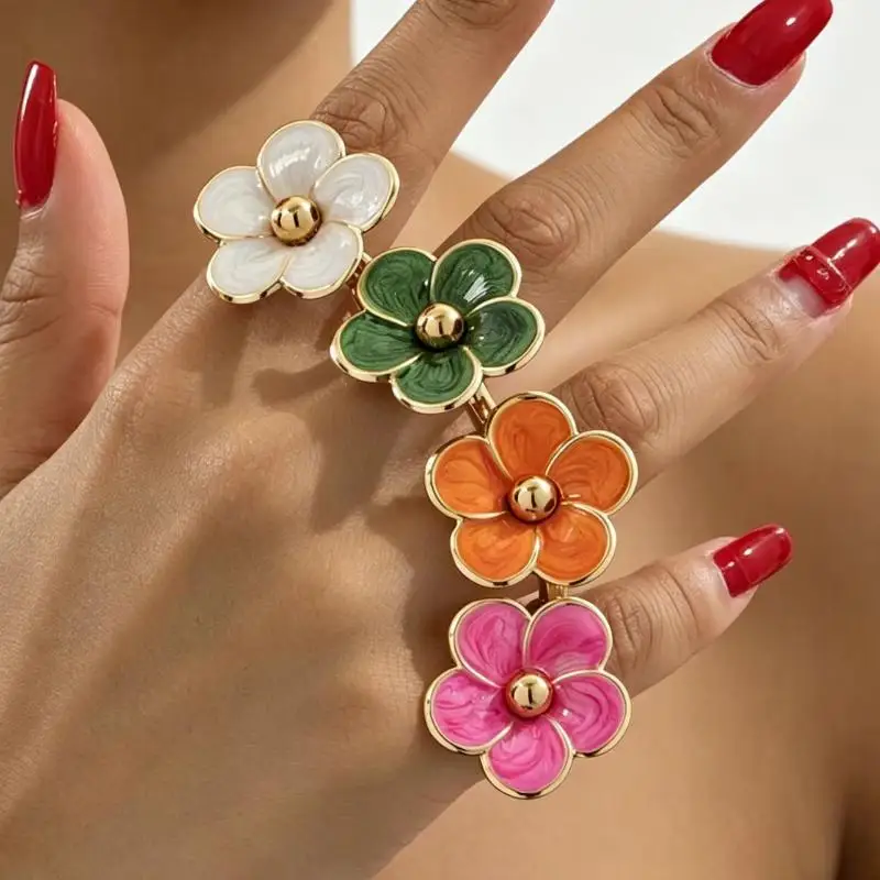 Gold Plated Colorful Enamel Flower Ring Delicate Lovely Floral Craft Fadeless for Women Daily Weekend Outing Wear Jewelry