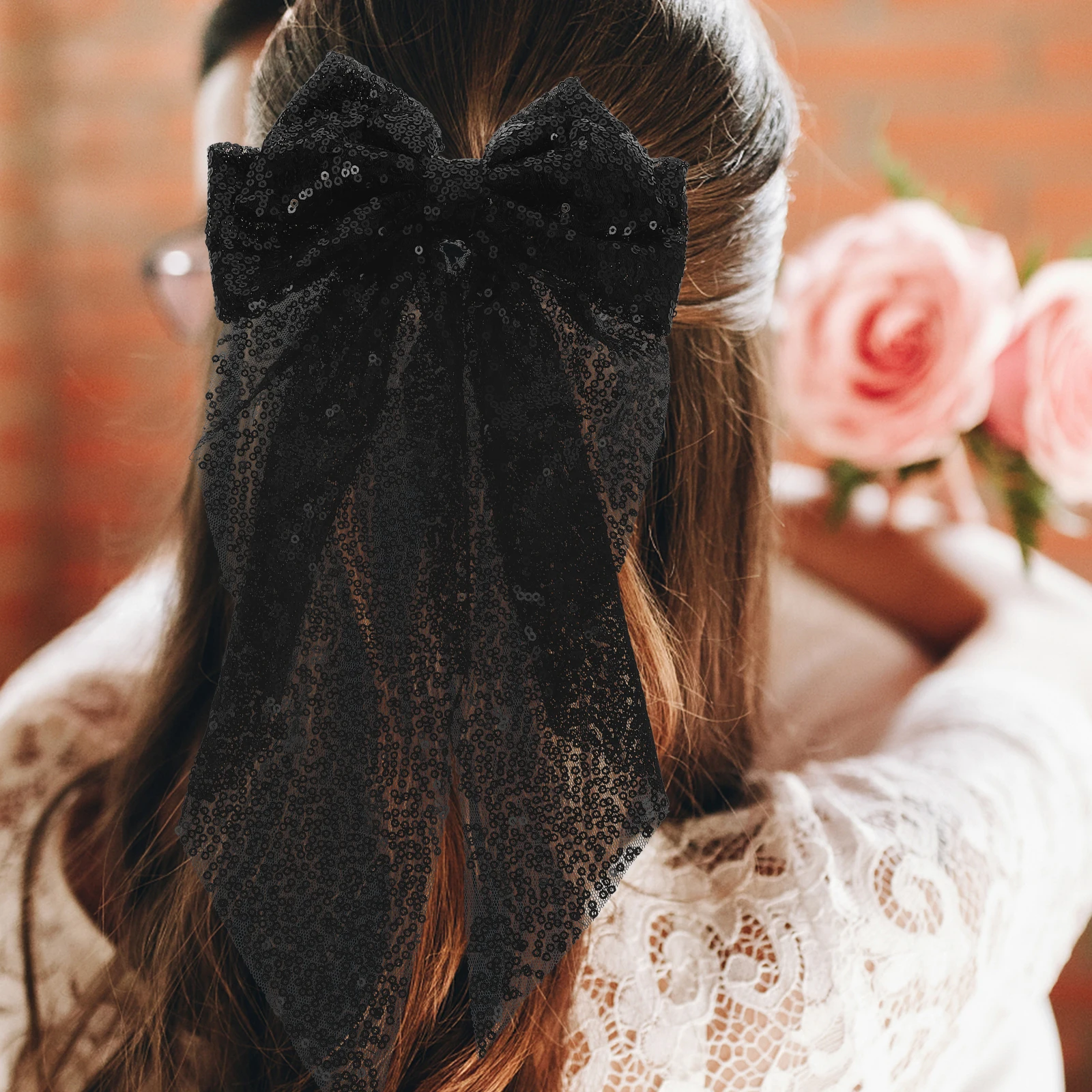 

Sequin High Ponytail Hairpin Oversized Bow Clips for Women Black Ribbon Glitter Butterfly Hair Accessories Fashion Bows