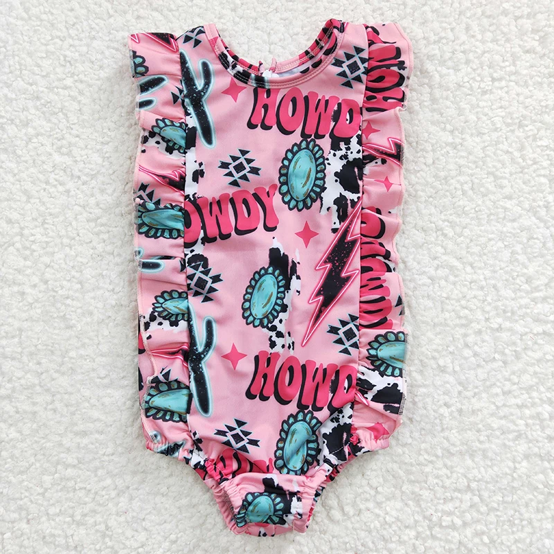 Baby Girl Summer Western Howdy Cow One-piece Cactus Zipper Swimsuit Kid Ruffle Vacation Beach Swimwear Infant Children Romper