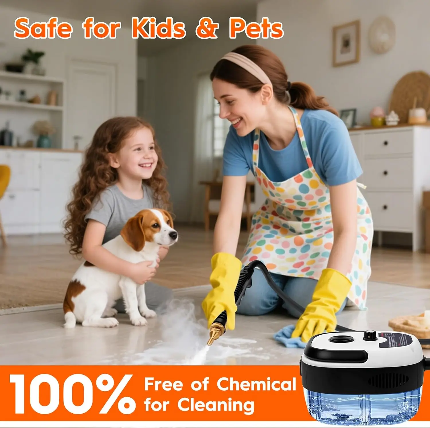 2500W Handheld Steam Cleaner, 1L Portable Steam Machine with 3 Brush Heads for Kitchen, Home, Car Cleaning (White)