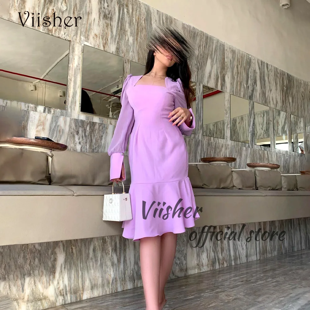 

Viisher Lavender Mermaid Evening Dresses Long Sleeve Square Neck Arabic Dubai Prom Party Dress Tea Length