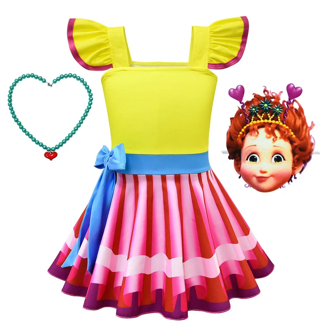 Kids Anime Cartoon Fancy Nancy Pleat Ruffle Dress Mask Necklace Set Outfit for Girls Christmas Halloween Cosplay Costume