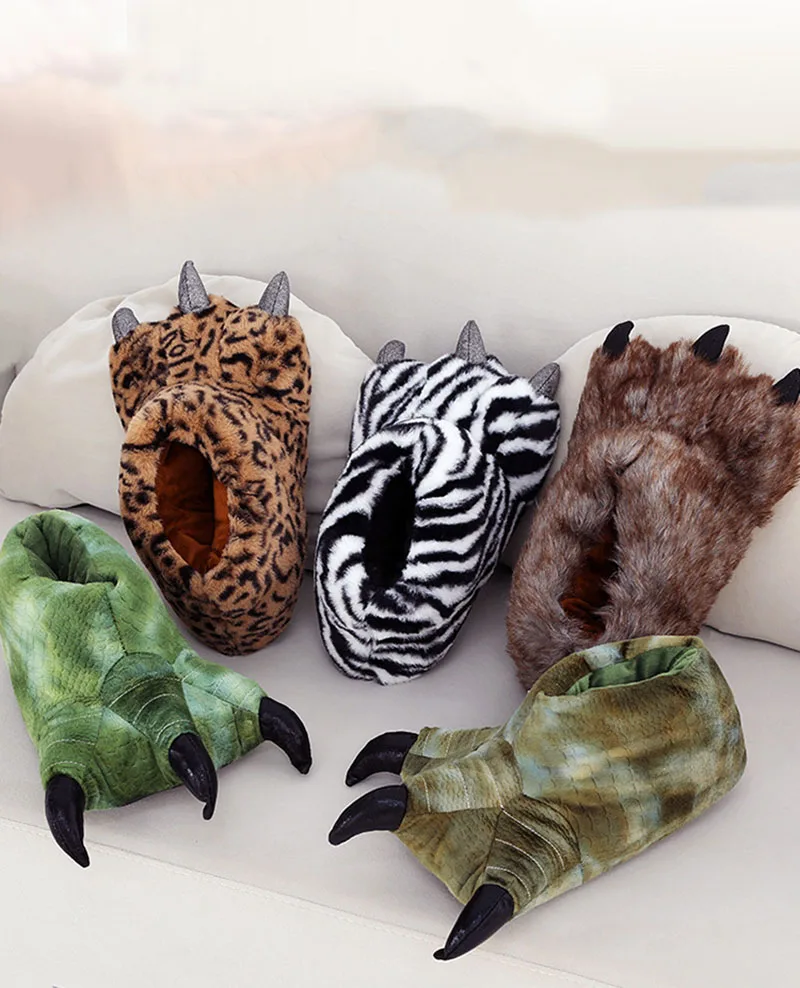 Funny Unisex Animal Paw Slippers Shoes Dinosaur Claw Slippers Fuzzy Winter Warm Home Indoor Room Shoes Cosplay Halloween Costume