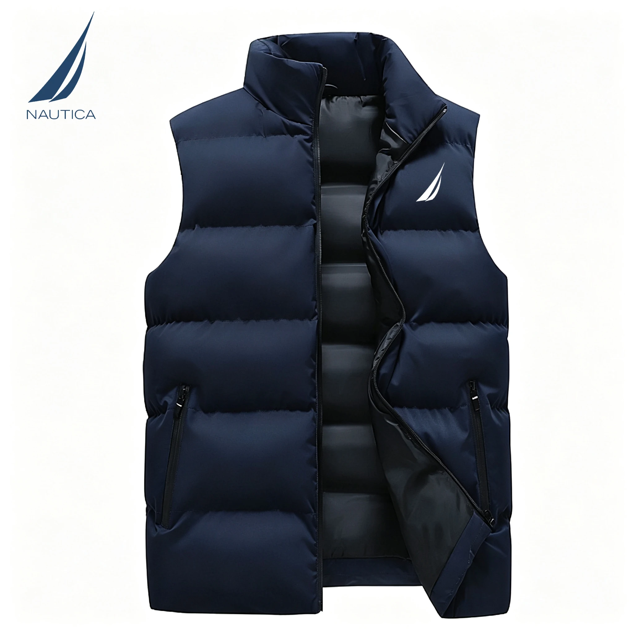 NAUTICA Men's Stand-up Collar Zip Sleeveless Vest, Casual Street Style Warm Vest, Unisex Sports Hiking Fashion Vest Jacket