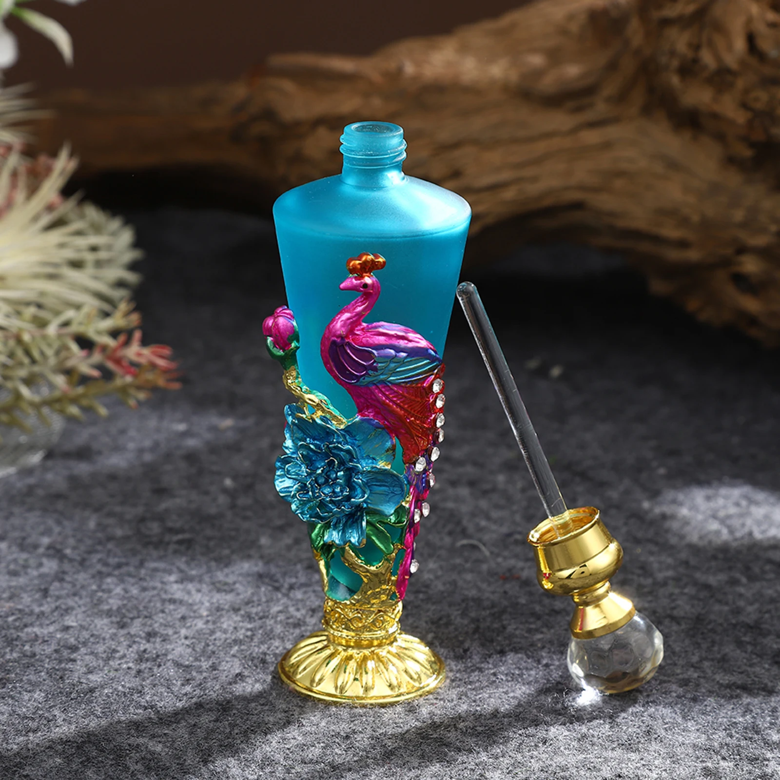 Handmade Empty Perfume Bottle 30ml Purple Peacock Rhinestone Tail Enamel Flower Frosted Blue Glass Vase Crystal Lid Gilt Base