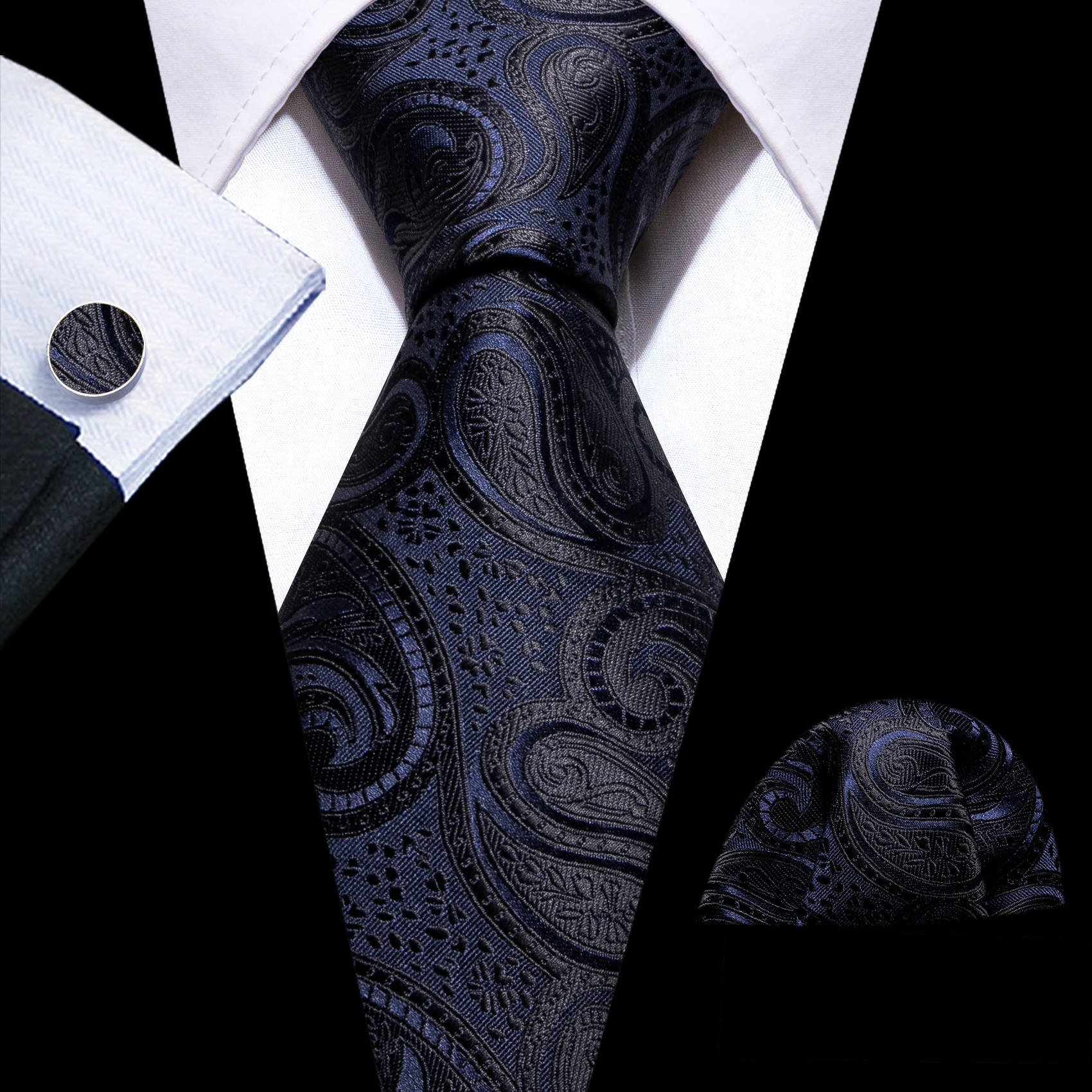 

Black Fashion Men's Silk Necktie Purple Paisley with Pocket Square Cufflinks Set for Wedding Business Tuxedo Causal Blue Ties