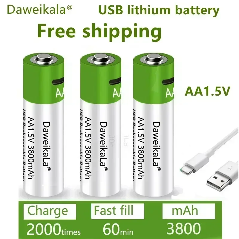 

New USB AA Rechargeable Batteries 1.5V 3800mAh li-ion battery for remote control mouseElectric toy battery + Type-C Cable