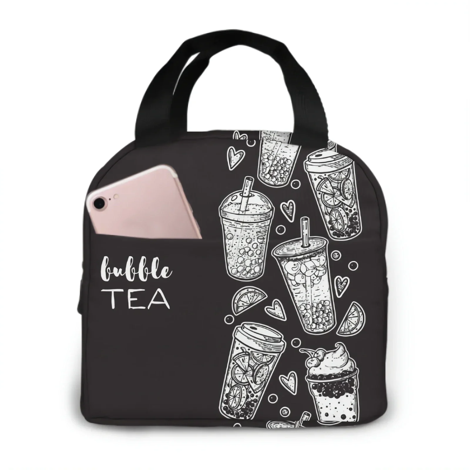 Bubble Tea Hand Drawn Cocktail Insulated Lun Bag lun box containers for Women Men Shopping Office Sool Picnic