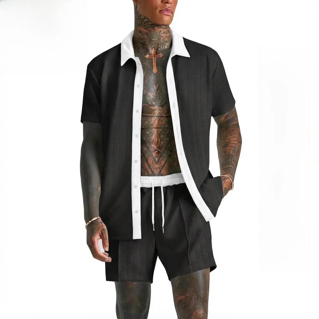 Comfortable Men's Casual Short Sleeve Shirt And Shorts Two-Piece Set Bright Thread Polyester Fiber Standard Fit Sporty Style