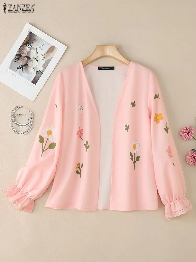 ZANZEA 2025 Autumn Blouse Open Front Cardigans Shirt Women Casual V Neck Long Sleeve Print Cardigan Female Cover Up Kimono Tops