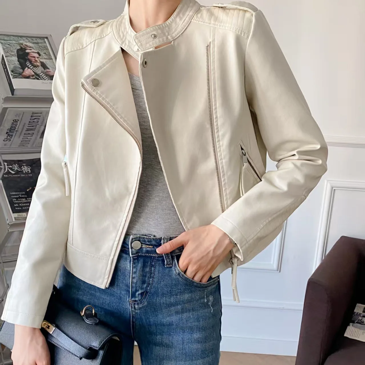 

Faux Leather Bomber Jackets for Women Fashion Cropped Jacket Woman Streetwear Outerwears Long Sleeve Jacket Women Coatsing