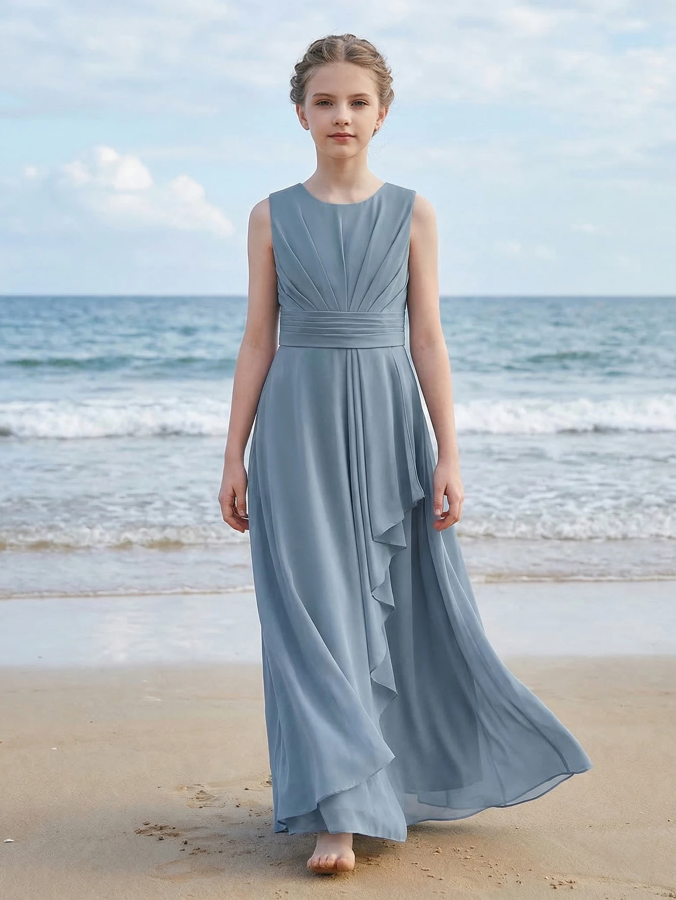 Teen Girl Long Party Dress Elegant Grey Blue Silk Fabric Sleeveless V-Neck Backless Ruffled Flowy Dress,Vacation,Party,Wedding image 4