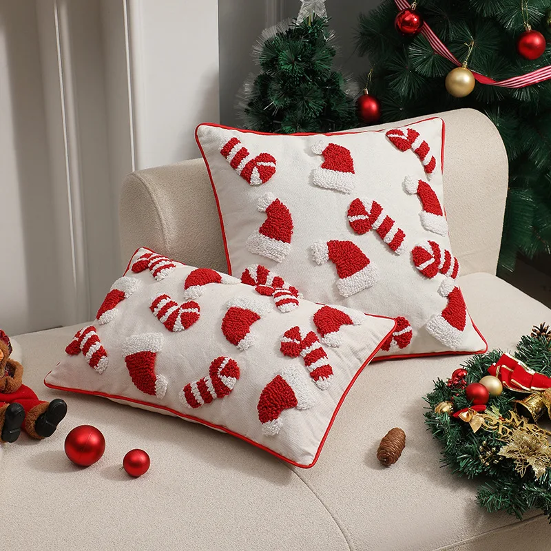 Christmas Pillowcase Christmas Cane Hat Soft Plush Decorative Cushion Covers For Home Sofa Bed Room 2024 Christmas Decorations