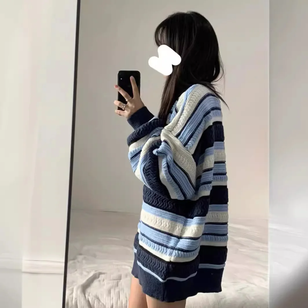 2025 outono novo sle feminino preguiçoso faion redondo ne suéter de malha listrado padrão macio cor fofa top quali acr...