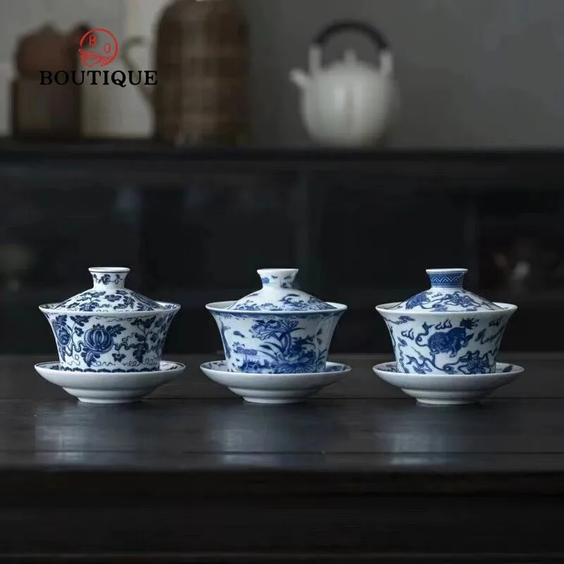 Antique Blue and White Tea Tureen Gaiwan Chinese Ceramic Teacup Kung Fu Set Cover Bowl Chawan 300ml Tea Bowl Large Capacity Gift