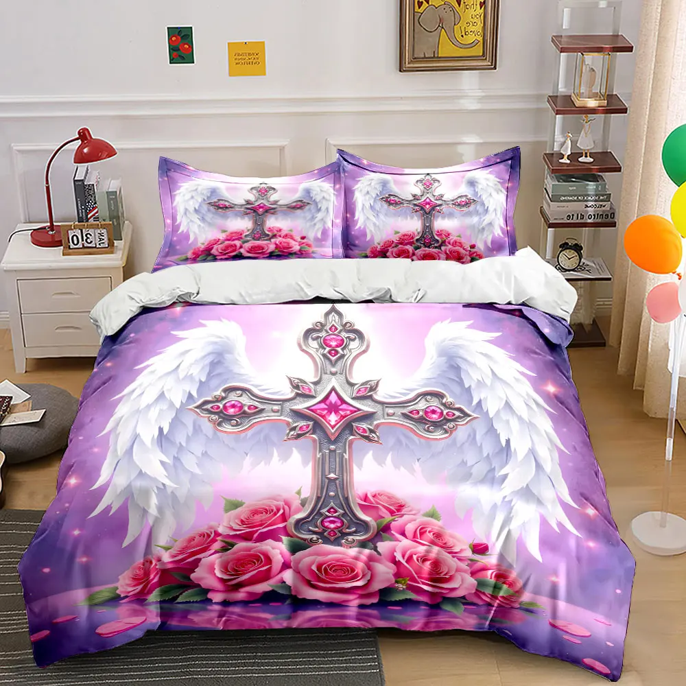 Dreamy roses with winged cross Bedding Set for Kids Luxury Gift 3pcs Digital Print Comforter Set Soft Comfortable Breathable