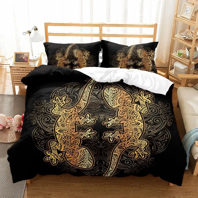 Bohemia Mandala Duvet Cover Exotic Gecko Lizards Bedding Set Twin/Full/Queen Microfiber Black Gold Quilt Cover For Kids Teen Boy