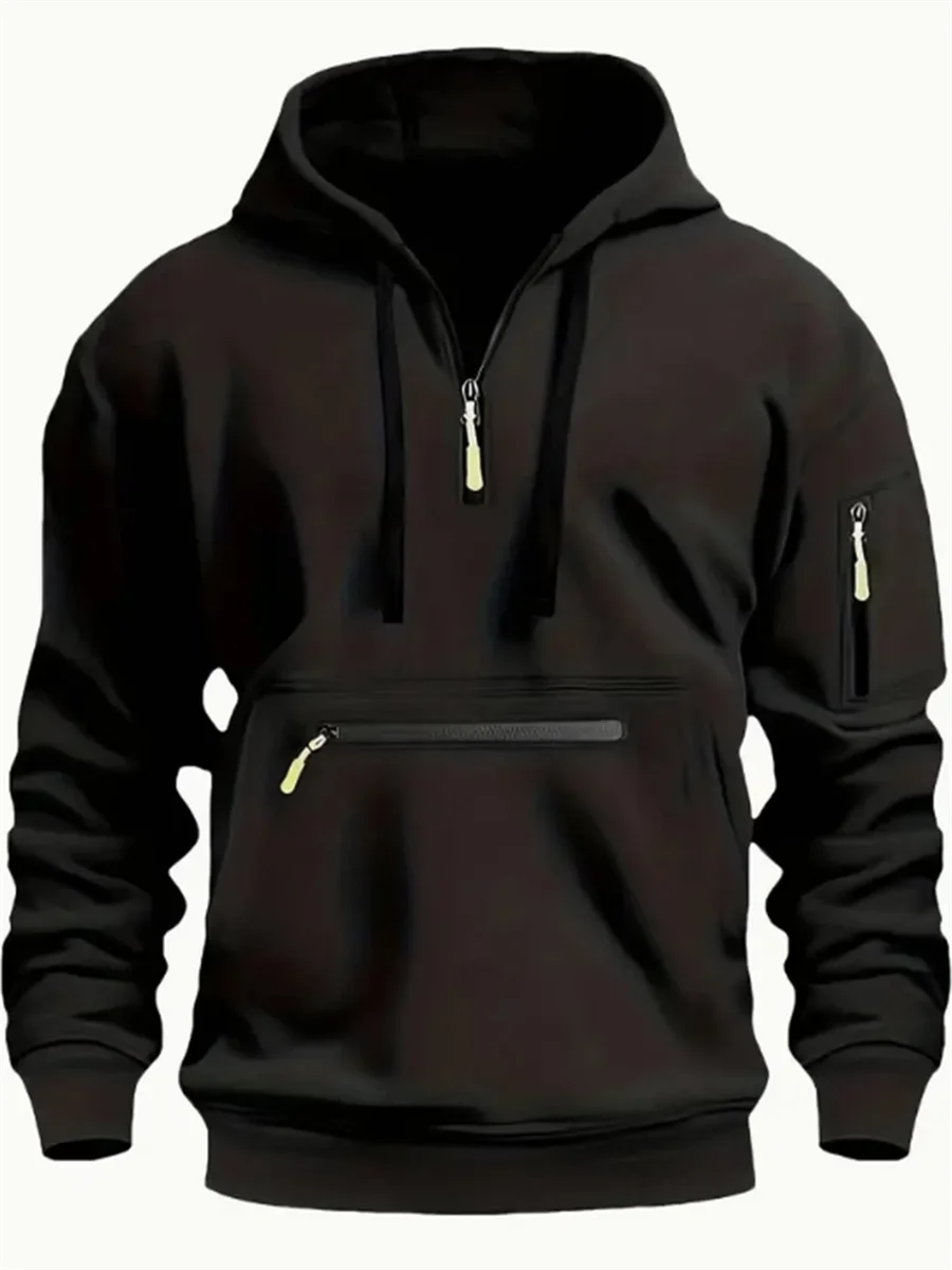 Autumn and Winter Men's Classic Outdoor Sports Leisure Solid Color Patchwork Multi-Pocket Drawstring long-sleeved hoodie