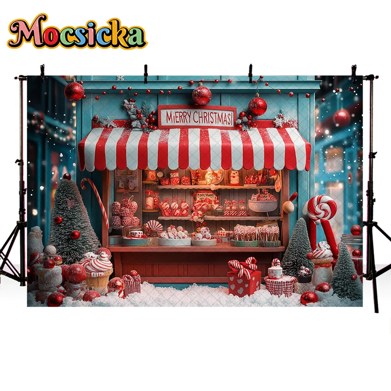 Mocsicka Christmas Cart Store Photography Backdrop Kids Family Photocall Child Baby Photocall Decors Snowy Xmas Trees Background